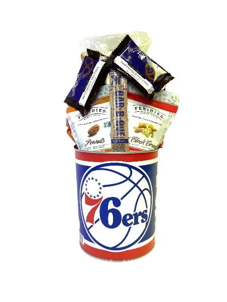 Load image into Gallery viewer, Philadelphia 76ers Gift Tin Basket - Officially Licensed NBA Snacks - Made in USA
