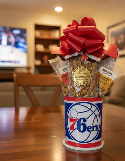 Load image into Gallery viewer, Philadelphia 76ers Gift Tin Basket - Officially Licensed NBA Snacks - Made in USA
