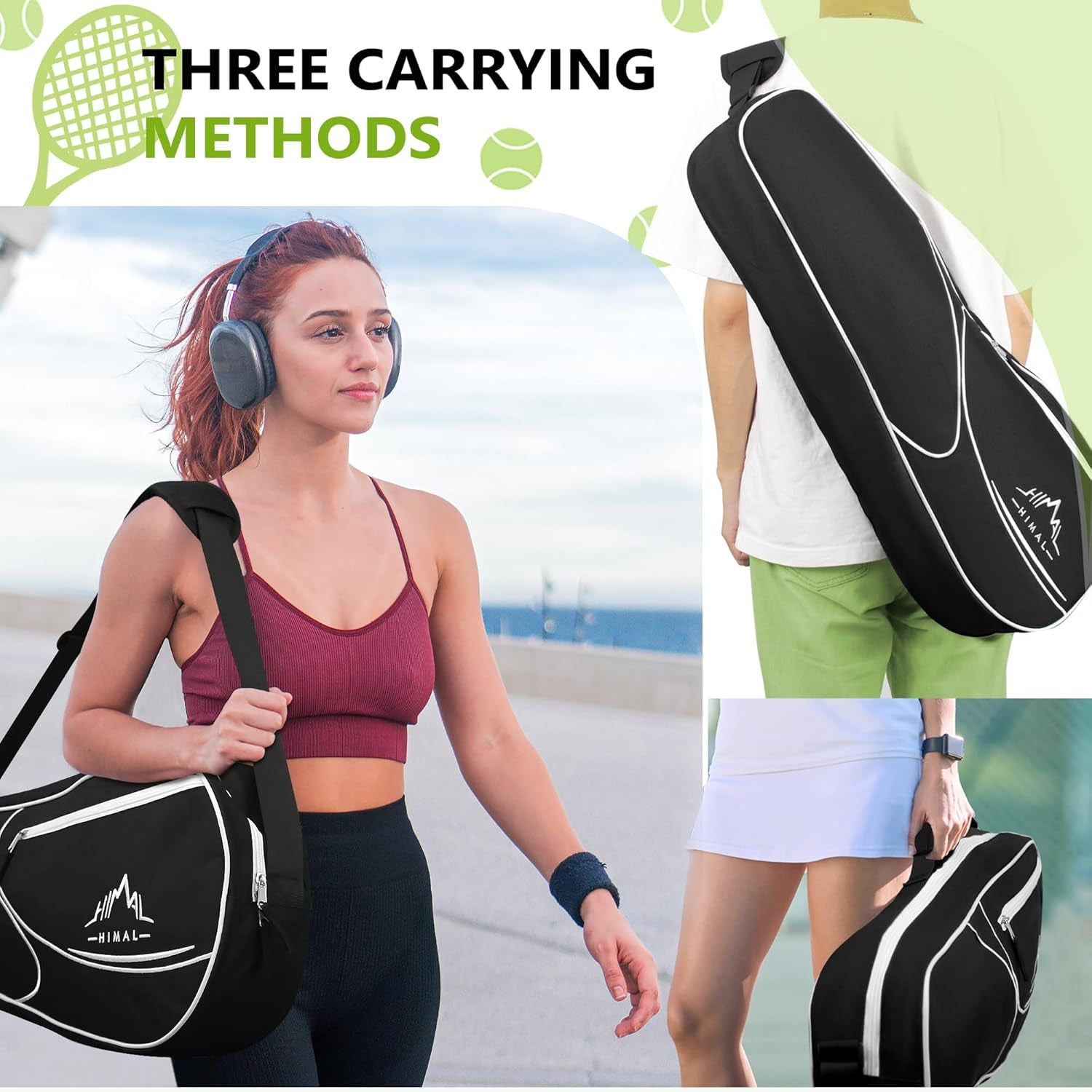 Himal 3 Racquet Tennis-Bag Premium Tennis-Racket-Bag with Protective Pad, Professional or Beginner Tennis Players, Lightweight Tennis Bag for All Ages,Black